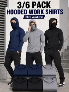 Men’s 6-Pack Fitted Outdoor Work Hooded Shirts - Lightweight Long Sleeve Workwear with Built-in Face Cover, Breathable Quick-Dry Performance Tops for Male Lawn Mowing, All Seasons