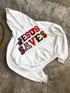 Unisex Y2K Style Jesus Save Print Fitted Hoodie Pullover, Fall Winter Casual Drop Shoulder Long Sleeve Sweatshirt, Fashion Hoodies, Streetwear, Fashion, Back-To-School, Trendy