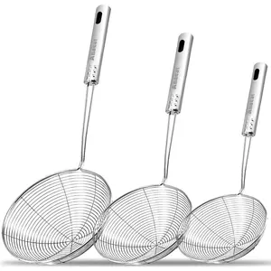 Stainless Steel Spider Skimmer Set of 3 - Professional Kitchen Pasta Strainer Spoon with Long Handle, Asian Strainer Ladle Wire Skimmer Spoons for Cooking and Frying (4.5"+5.3"+6.1")