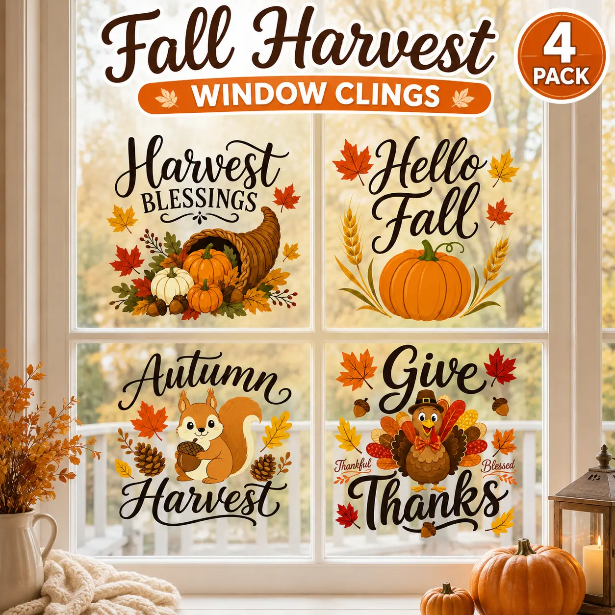 Fall Harvest Window Clings 4Pcs – 11.81*11.81in Thanksgiving Autumn Pumpkin Window Stickers, Removable Seasonal Decor for Home, Kitchen & Office Windows #DealsforYouDays#SummerWins