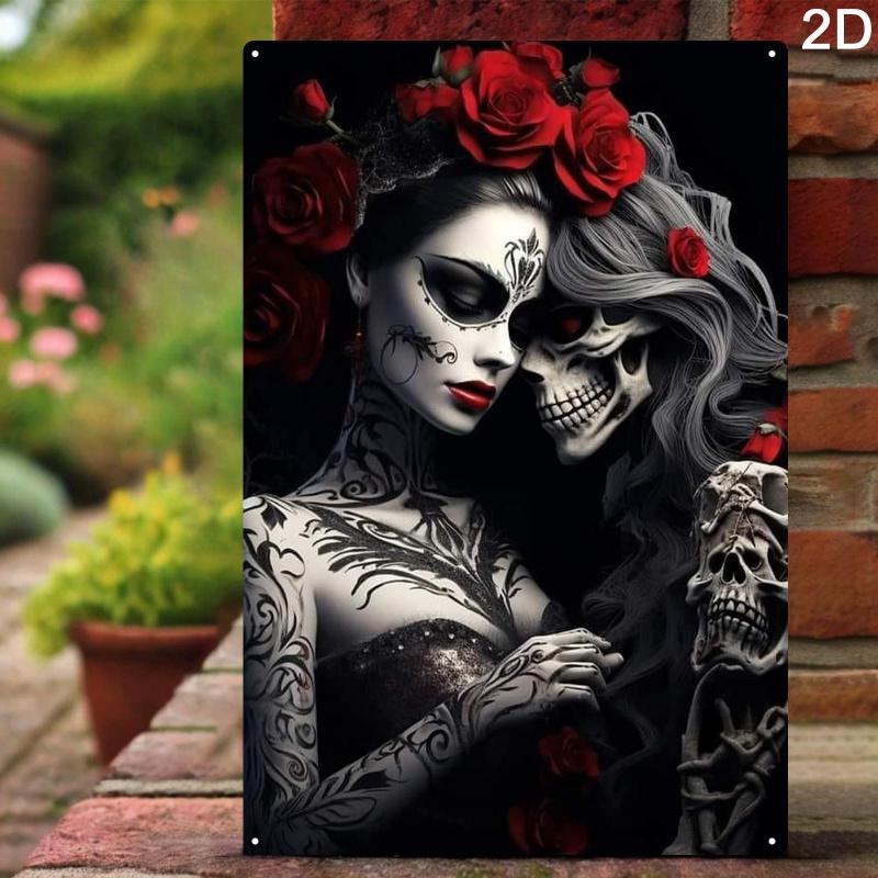 1PC 2D Flat - Gothic Sugar Skull and Rose Metal Wall Art - Vibrant Iron Sign with Intricate Tattoo Design, Black and White Contrast, Perfect for Home, Coffee Shop, Bar Decoration, Unique Valentine's Day Gift, Easy to Hang, Home Decor