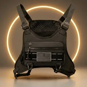 Tactical Chest Rig for Men - Matte PU Leather Techwear Chest Bag with Earphone Port & US Flag, Waterproof Fitness Body Rig for Gym, Running & Streetwear, Premium Cyberpunk Utility Vest Pack,summervibes