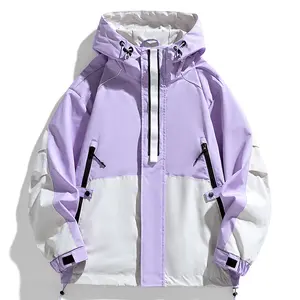 Women's Pastel Color Block Techwear Jacket - Harajuku Style Hooded Windbreaker, Waterproof Outdoor Sports Coat with Utility Pockets for Skiing & Hiking