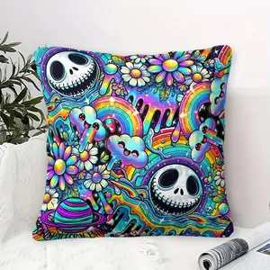 Psychedelic Skull Throw Pillow, Digital Printed Cushion with Whimsical Colors and Glossy Rainbows, Soft & Comfortable Decorative Pillow for Sofa & Bedroom, Vibrant Neon Artwork with Flowers and Cosmic Elements, 45cm Square, Zipper Closure
