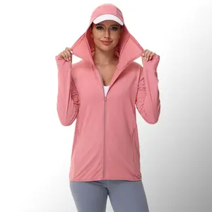 Women’s lightweight zip-up hooded sun jacket — UPF 50+ sun protection, detachable hood brim design, sleeve sleeves, soft, warm, comfortable, with zippered pockets; sporty casual style, suitable for everyday outdoor wear in spring and autumn—casual activit