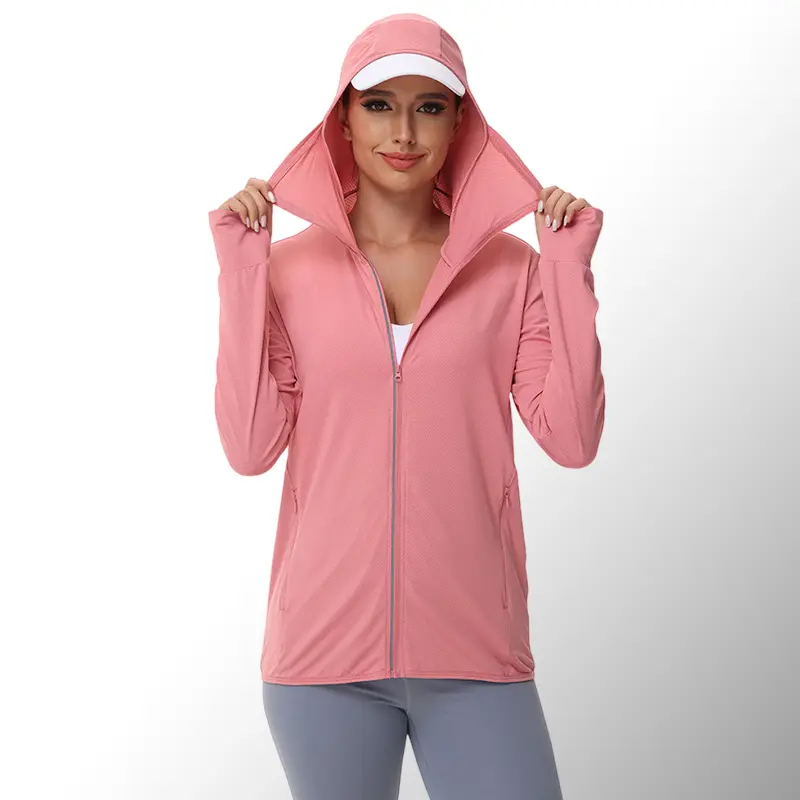 Women's Lightweight Zip-Up Hooded Sun Top - UPF 50+ UV Protection, Polyester Mesh Fabric, Breathable, Quick-Drying, Long Sleeves, Detachable Hood Brim, Zippered Pockets, Soft, Sporty Chic, for Running/Yoga/Spring-Autumn Outdoor Use