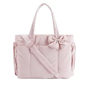 Women’s Puffy Bow Tote Bag, Lightweight Shoulder Handbag with Removable Bow, Multi-Compartment Laptop Tote for Work, Travel & Gym