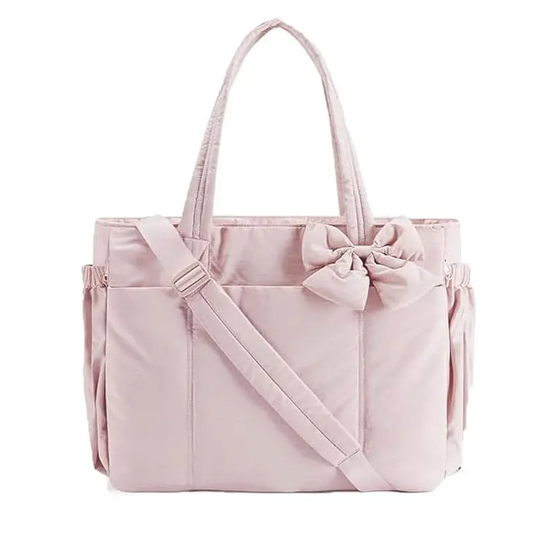 Women’s Puffy Bow Tote Bag, Lightweight Shoulder Handbag with Removable Bow, Multi-Compartment Laptop Tote for Work, Travel & Gym