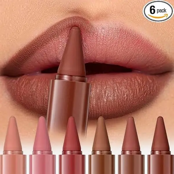 6 Pcs Lip Liner and Lipstick Combo Set - 2-in-1 Ombre Lipstick & Brown Lip Liner Duo - Waterproof, Long-Lasting, Matte Finish - Smudge-Proof, Full Coverage Lip Kit for Fuller & Plumper Lips