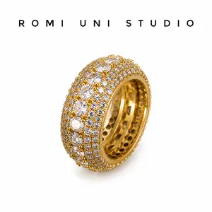 Romi Uni Gems Synthetic Ring  Iced Out Hypoallergenic Five-Row Ring Hiphop Band   Engagement Wedding Comfort Fit Size 7 to 11
