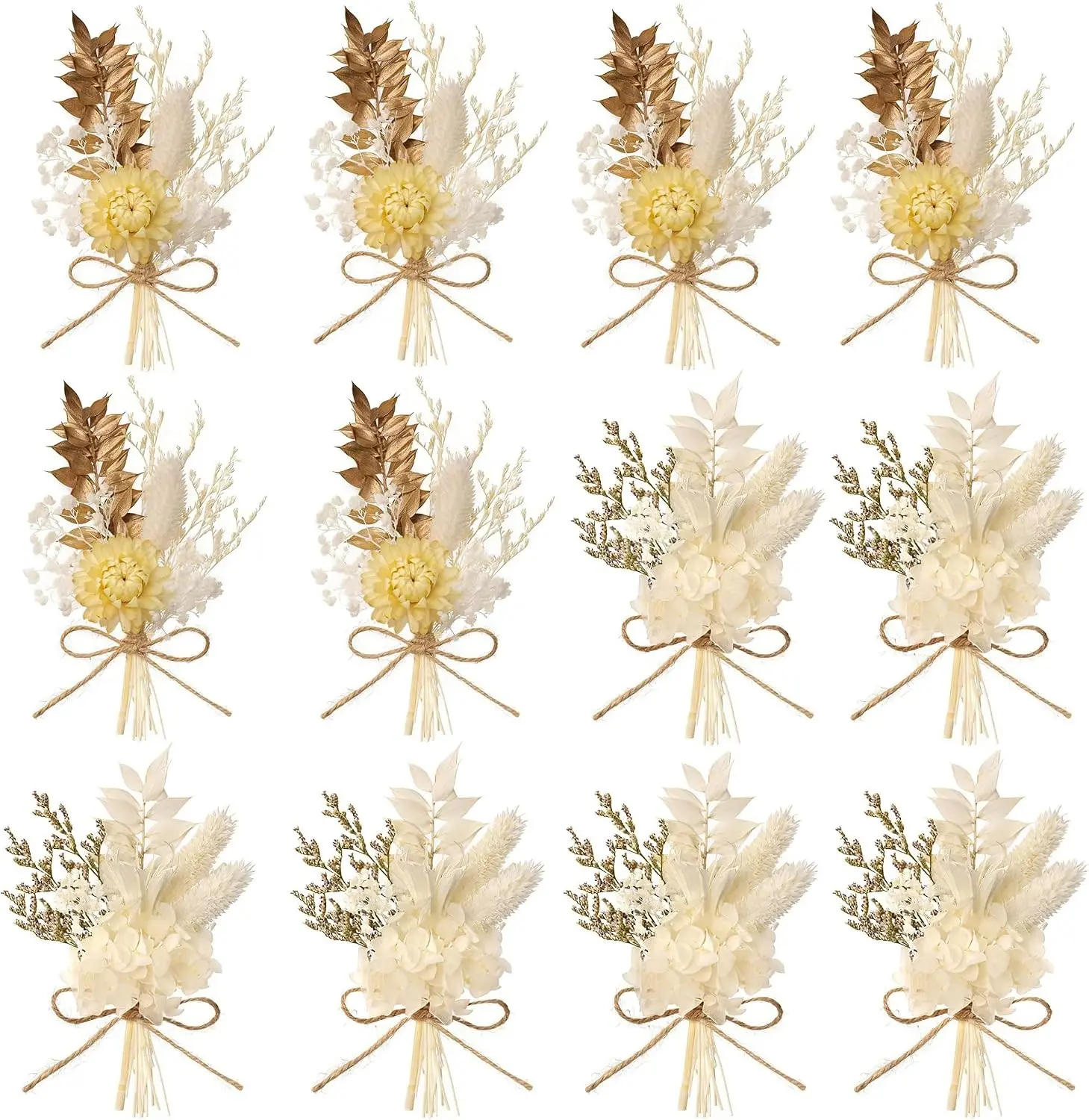 xin's convey Mini Dried Flower Bouquet Set (Pack of 12), Small Golden Bouquets, Card Decorative Dried Flowers, Props for Photo Shoots, wall Hanging Dried Flower Decorations. (Gold)