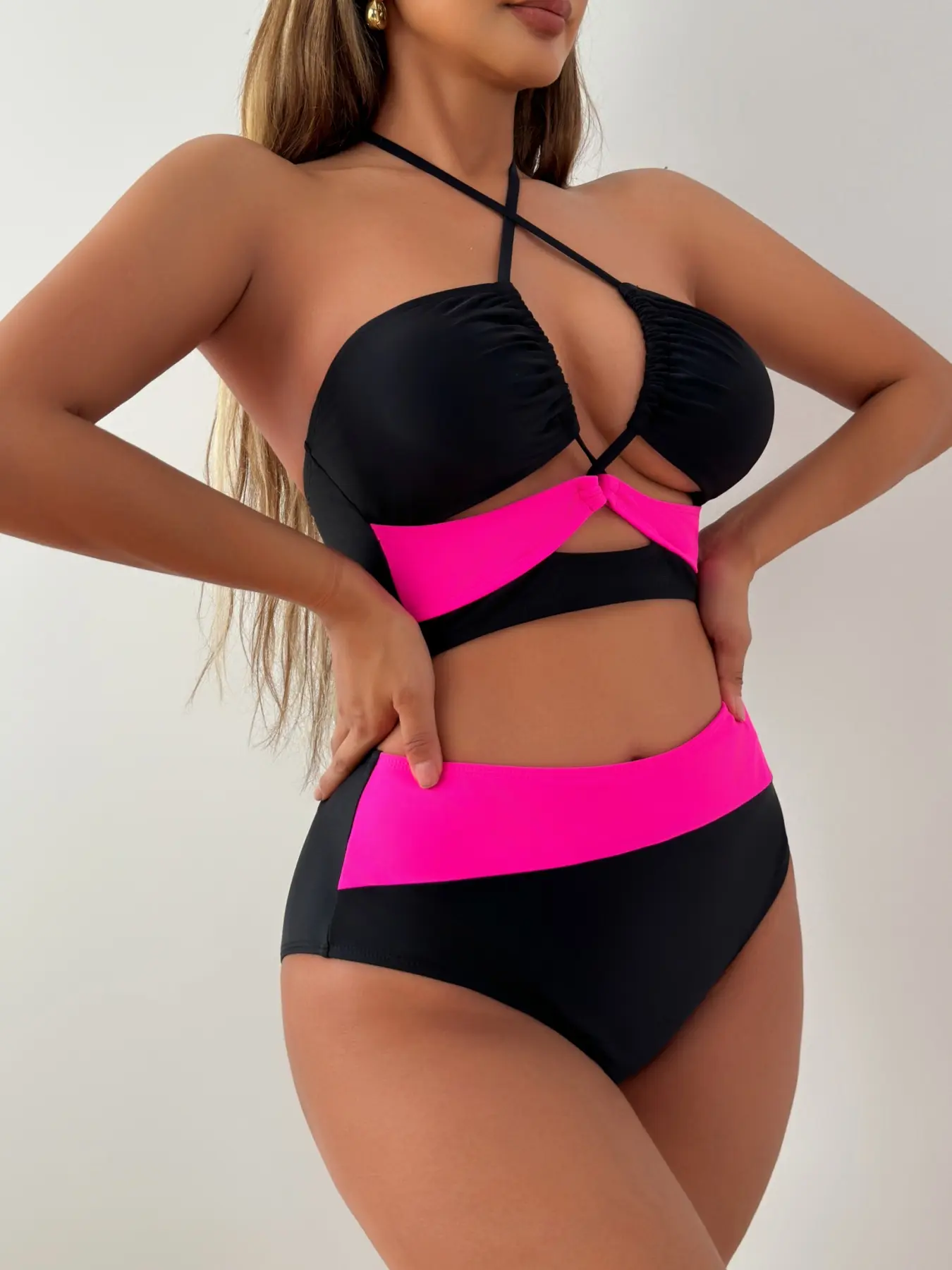 Women's New Sexy Cut-Out Colorblock Cross-Back Bikini Set, Perfect for Beach Sea Pool, Plain Pattern, Stylish Swimsuit, Swimsuit Style Bikini