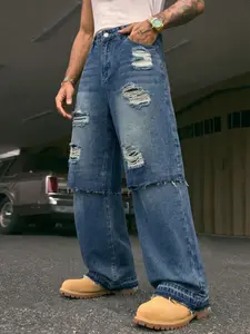 Men's Vintage Stone-Washed Ripped Loose Denim Jeans Y2K Apocalypse Style Street Fashion Style High Street Casual Pants Daily/Party Outfit, Suitable as a Gift for Boyfriend or Husband
