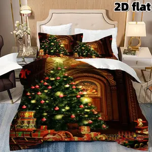 2D Flat 3Pcs Decorative Bedding Set Christmas Tree Bedding Festive Holiday Decor Red Gold Ornaments Xmas Gifts Sleigh Cozy Warm Winter Home Decor Microfiber Duvet Cover Bedroom Elegant Traditional Christmas Decoration Bedding (1 Duvet Cover+2 Pillowcases)