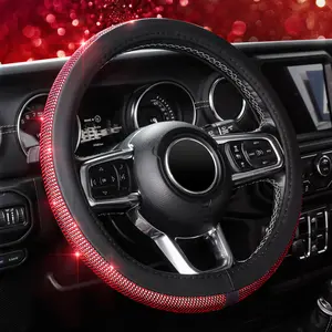 KAFEEK Red Bling Diamond Leather Steering Wheel Cover with Sparkly Crystal Glitter Rhinestones - Universal Fit 14"1/2-15"