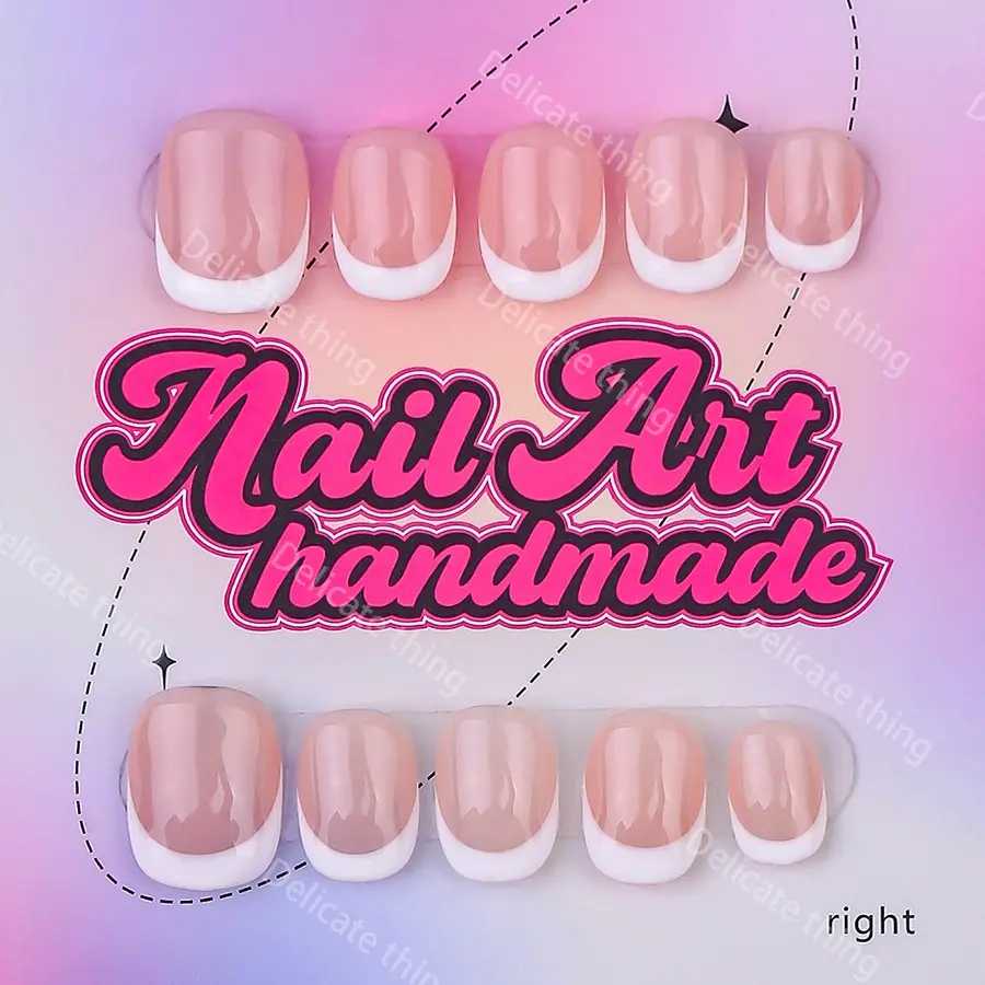 Short Round Y2K French Tips Nails, 10 Fingers Per Set, Simple Style, Handmade, 4 Sizes XS-S-M-L, French Tip Design, Perfect for Parties, Includes Glue, Pusher, File, Nail Art Supplies