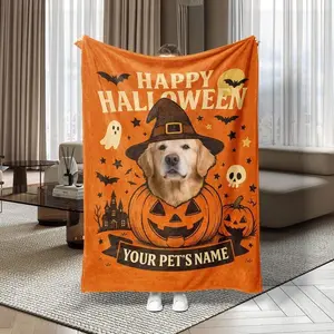 Custom Pet Photo Blanket with Name | Personalized Spooky Halloween Gift for Dog Cat Lovers | Pumpkin Witch Design Cozy Throw Blanket for Pet Owner