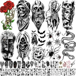 52 Sheets Black Halloween Temporary Tattoos for Kids Men Women, Include 10 Sheets Large Half Arm Sleeve Fake Tattoos, 200+ PCS Spider Snake Tiger Lion Skull Bat Vampire Scar Halloween Tattoos