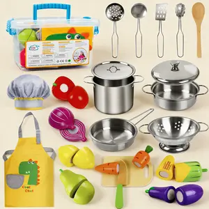 Kids Wooden Play Food Kitchen Set with Stainless Steel Cookware Pots Pans Apron Chef Hat