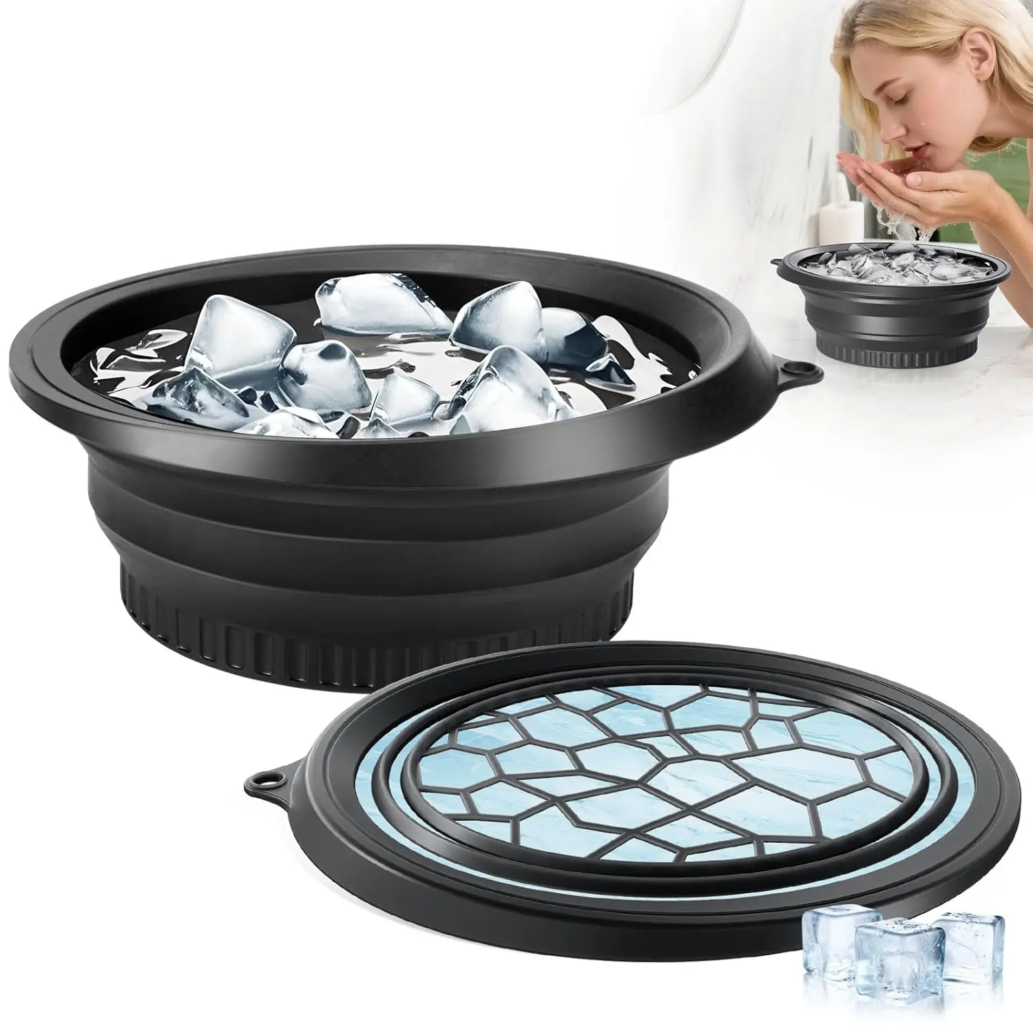 Collapsible Ice Face Bath Bowl - Thickened Silicone Basin, Space-Saving Foldable Design for Travel & Home, Multi-Functional Ice Bowl