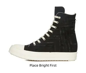 Black High-Top Canvas Sneakers with Distressed Texture and Cream Rubber Sole