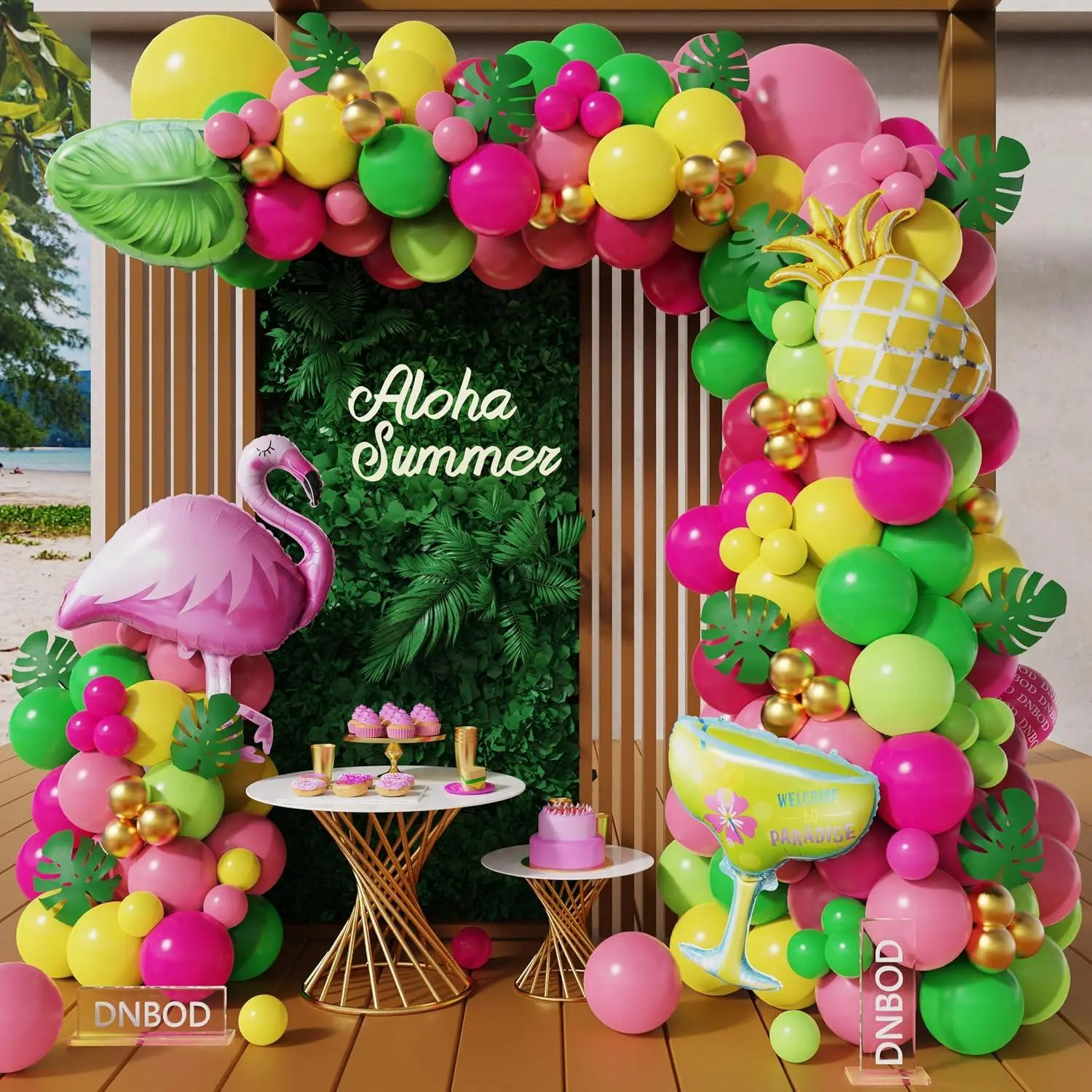 Summer Tropical Flamingo Party Decorations,167Pcs Hot Pink Green Gold Balloon Garland Arch Kit With Flamingo Pineapple Palm Leaf Foil Balloon For Hawaiian Luau Birthday Party Fiesta Wedding Decors
