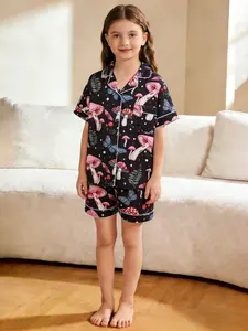 2-piece set of children's black background, full of mushrooms, butterflies, polka dot print pattern, short sleeved shorts, soft top, small pocket, elastic waistband, home daily casual children's sleepwear set, Soft casual pajamas