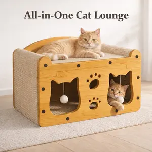 All-in-One Cat Lounge House | Scratching Board + Hideout + Play Station | Multi-Cat Friendly