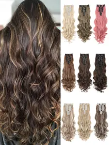 Women's Clip-In Hair Extensions Long Wavy Dense High-Light Bleached Soft Full Synthetic Hair 12Pcs Clip In Curly Hair 24 Inches