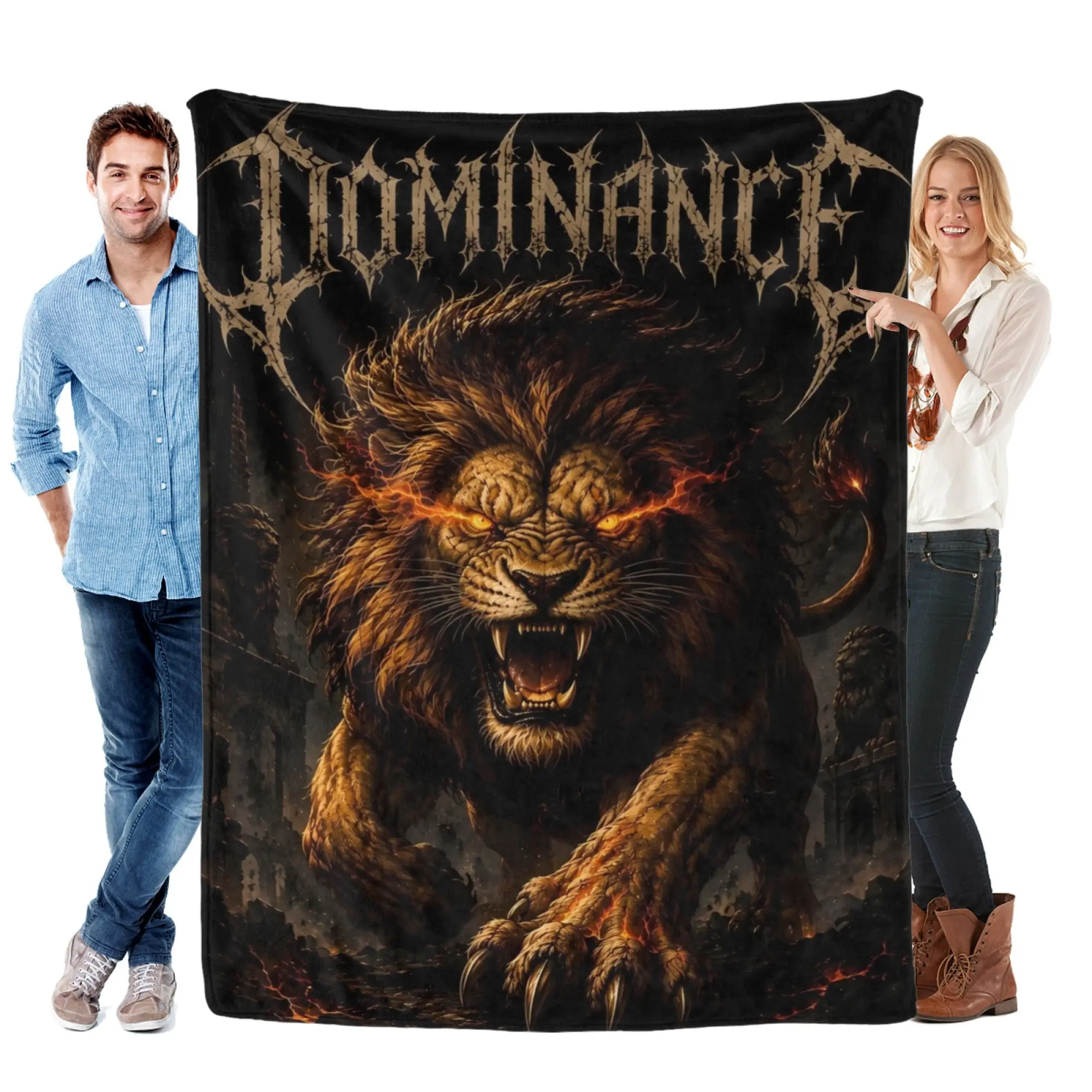 Dark Fantasy Lion Flannel Throw Blanket - Fierce Demon Lion Graphic with Glowing Eyes, Heavy Metal Gothic Style, Ultra Soft Flannel Weave, Cozy Lounging for Couch Bed, Home Gamer Room Decor Unique Gift