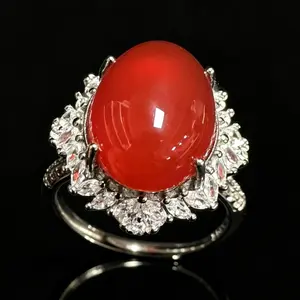 Natural Carnelian Halo Adjustable Ring, 925 Sterling Silver Valentines Gift , Gift for Wedding/Birthday/Mother'sDay/Christmas