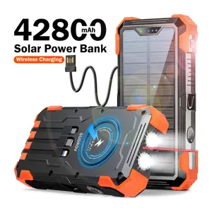 Sudrov 42800 mAh Solar Charger Power Bank Wireless Charger Built in 4 Cables 7 Outputs 15 Watts Fast Charging Power Bank for All Mobile Devices 3 Inputs Solar Portable Charger with Dual Flashlights, Carabiner and Thermometer