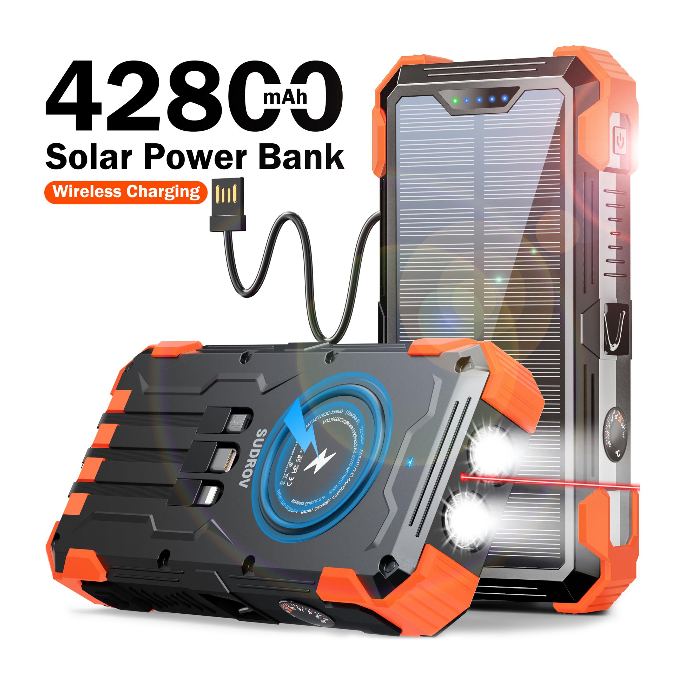 Sudrov 42800 mAh Solar Charger Power Bank Wireless Charger Built in 4 Cables 7 Outputs 15 Watts Fast Charging Power Bank