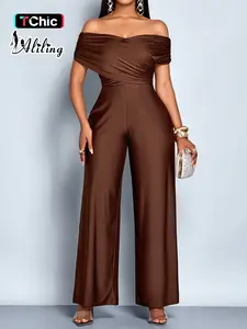 Aliling Elegant Casual Women's Solid Color One-Piece Jumpsuit, Shoulder Cut Out High Waist Straight Leg Pants, All Seasons Slim Fit