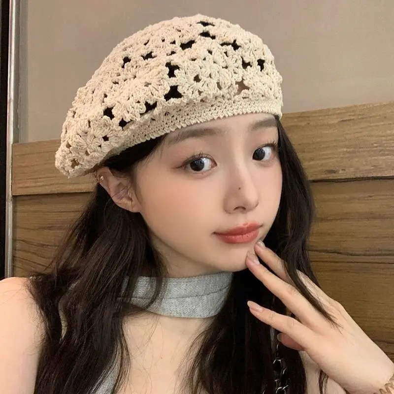Handcrafted Summer Crochet Cotton Hollow Plum Blossom Pattern Breathable Soft Knitted Beret