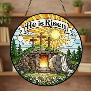 He Is Risen Easter Suncatcher, Empty Tomb Stained Glass Window Hanging, Matthew
