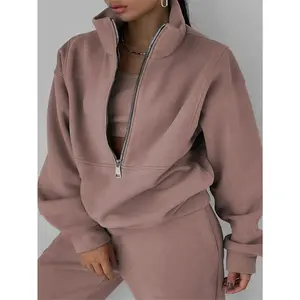 Plus Size Casual Solid Color Pants Set, Zipper Long Sleeve Sweatshirt & Pants Outfits For Fall & Winter, Women's Plus Size Clothing