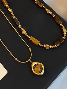Elegant Women's Jewelry Set, 14k Tiger Eye Stone Necklace Bracelet, Two-Piece Gift Set, Perfect for Her