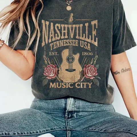 Women's Guitar & Letter Print Round Neck Short Graphic Tee, Top, Vintage Trendy Casual Music City Est. 1954 Graphic T-shirt for Daily Wear, Ladies Spring Outfit, Womenswear, Piece