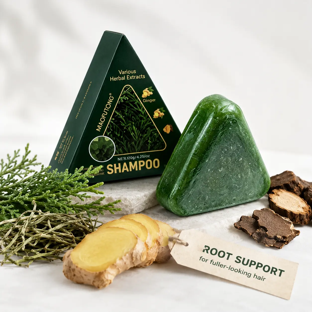 Alcohol-Free Nature Triangle Solid Shampoo Bar, Anti-Hair Loss Formula with Cypress Leaf, Usman Grass & Herbal Extracts, 7 Green Care Soap, Calming, Bubble Net Included (for Men & Women)