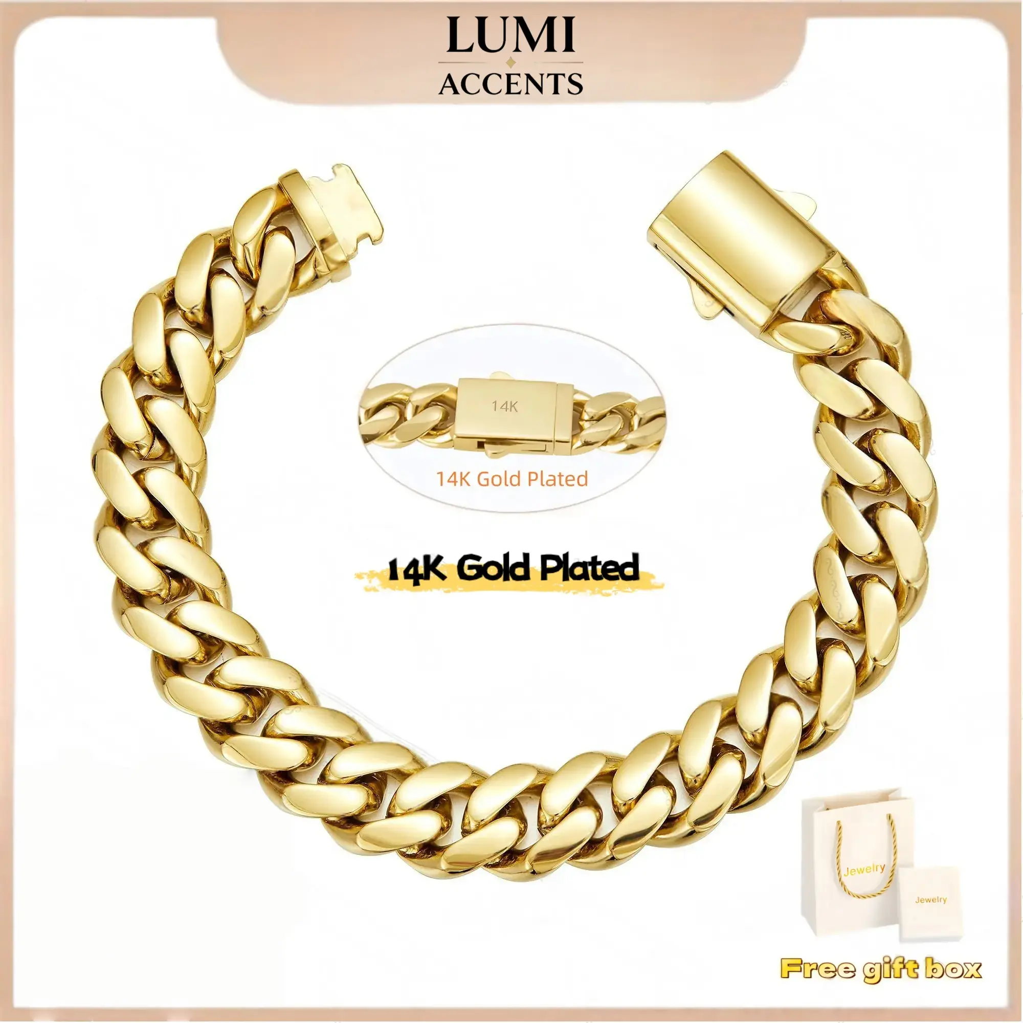 14k Gold Plated Miami Cuban Link Chain Bracelet, Thickened, Dense and Chunky 7.5/8.5 inch- Hip-Hop Jewelry for Men/Women Hypoallergenic Material, Sweat-Resistant, Chunky Gold Bracelet for Streetwear,Trendy Accessory Gift Black Friday lumi acc