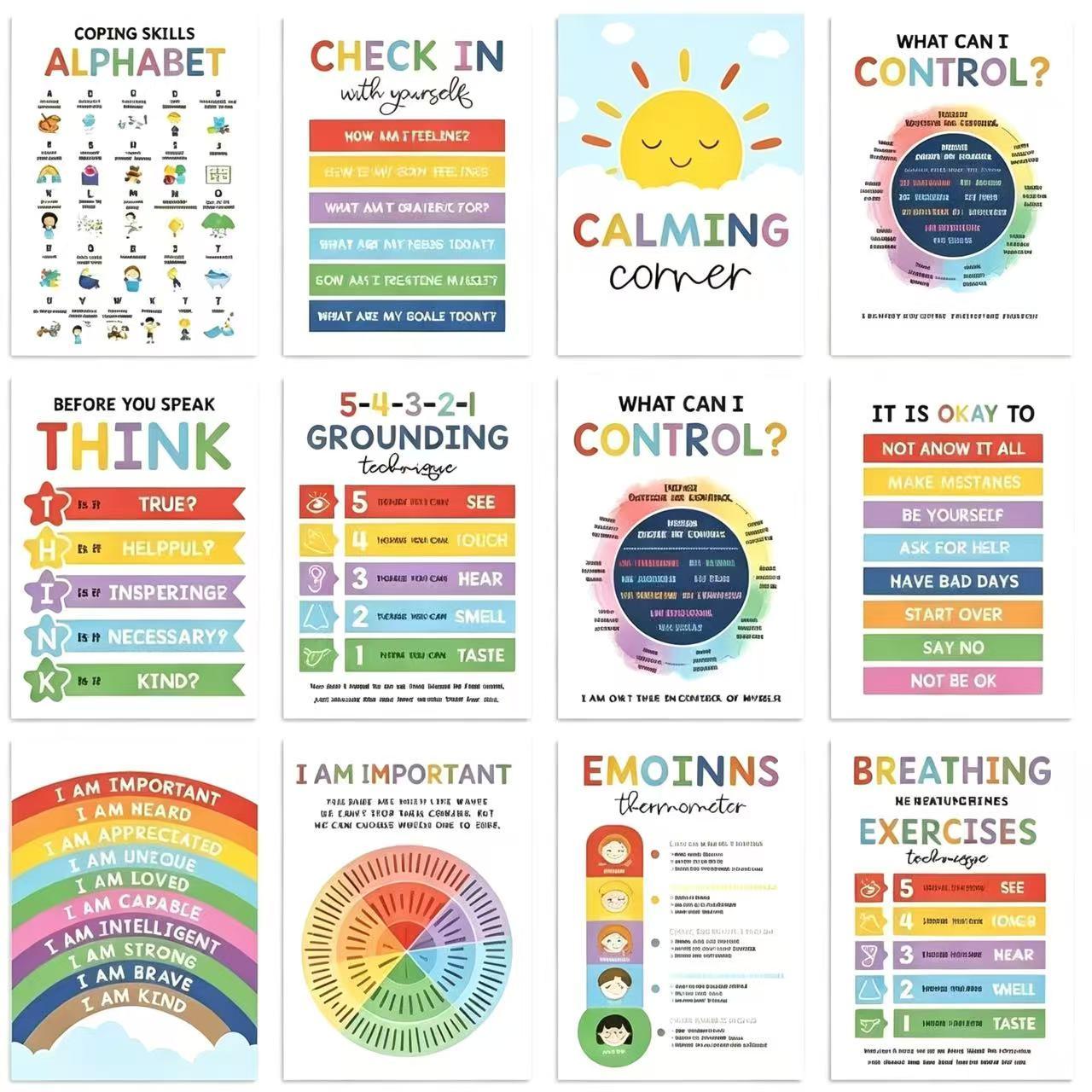 The Viral Calming Corner Posters That Every Teacher and Parent Is Using – 12 Pack 10x14 Laminated Feelings Chart and Breathing Exercises Wall Art, Waterproof Dry Erase SEL Tools for Classroom and Home, Instantly Create a Peaceful Space
