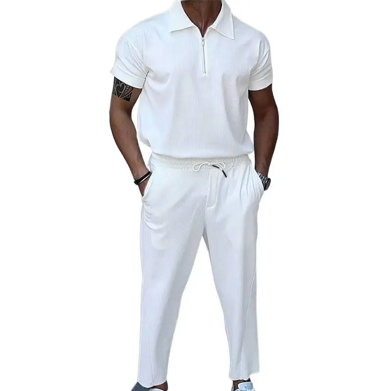 Men’s 2-Piece Solid Color Short-Sleeve Zip Polo Clothing Set - Collared Shirt & Pants, Casual Sports Wear for Travel, Daily Use, S-3XL