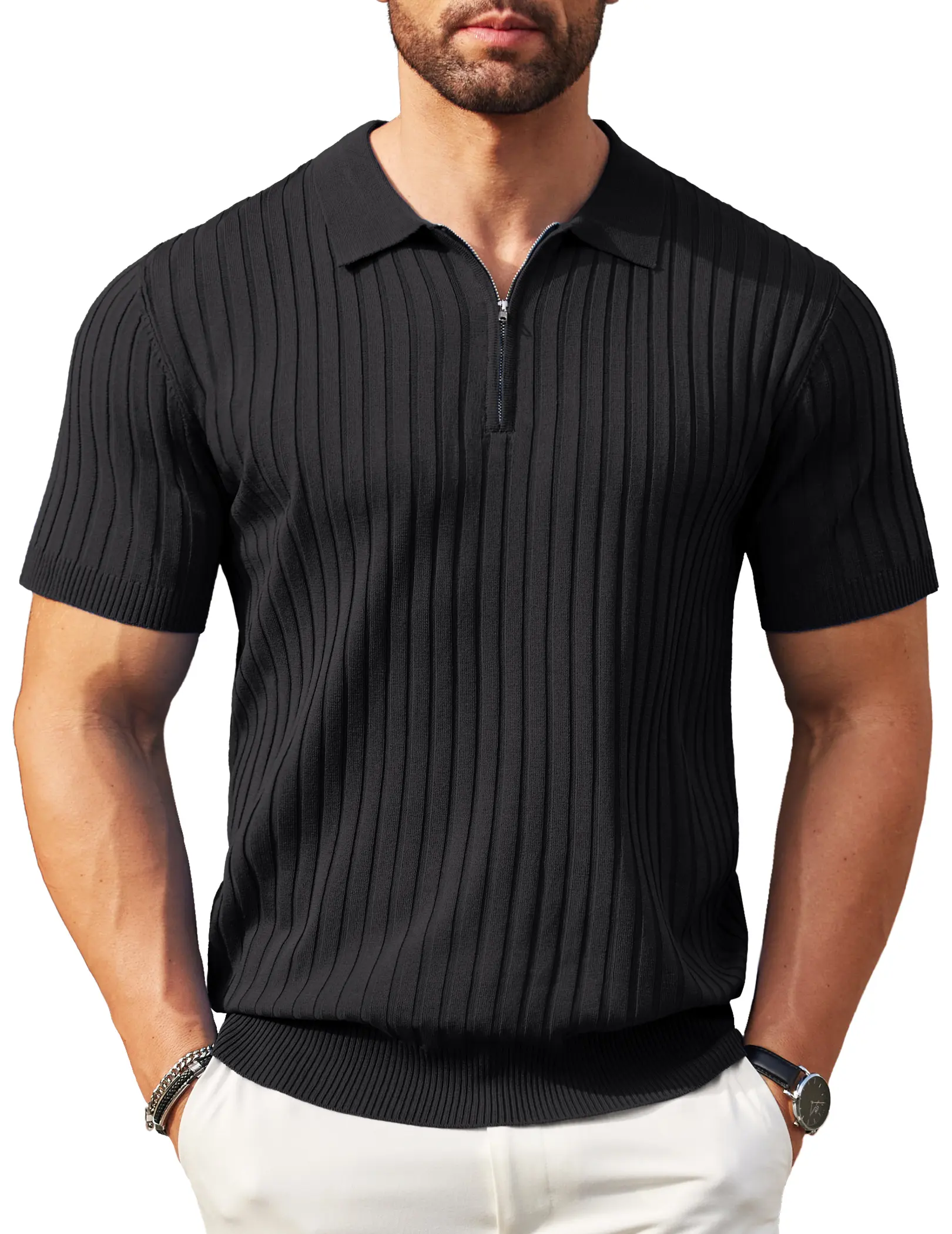 COOFANDY New York Fashion Week Men's Zipper Polo Shirts Short Sleeve Ribbed Knit Polo T Shirts Fashion Casual Golf Shirts Fabric Menswear Classic