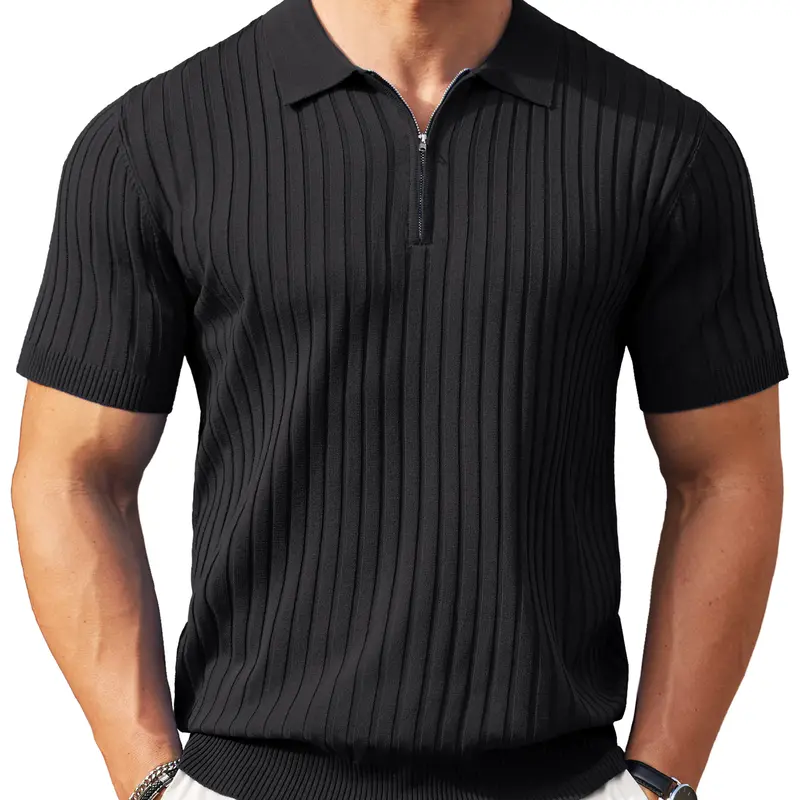 COOFANDY New York Fashion Week Men's Zipper Polo Shirts Short Sleeve Ribbed Knit Polo T Shirts Fashion Casual Golf Shirts Fabric Menswear Classic