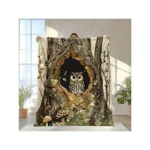 1pc Enchanting Owl In Tree Hole Design Throw Blanket - Soft, Warm Flannel, All-Season Comfort With Digital Print, Perfect For Napping, Camping, Travel, And Home Decor, Cozy Blanket | Whimsical Decor | Cozy Texture, Owl Home-30*40in