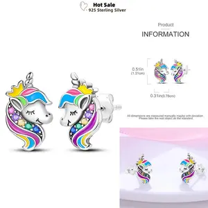 Rainbow Crown Unicorn Hoop Earrings 925 Sterling Silver Stud Earrings Fit Original Charms For Women Exquisite Birthday Earring