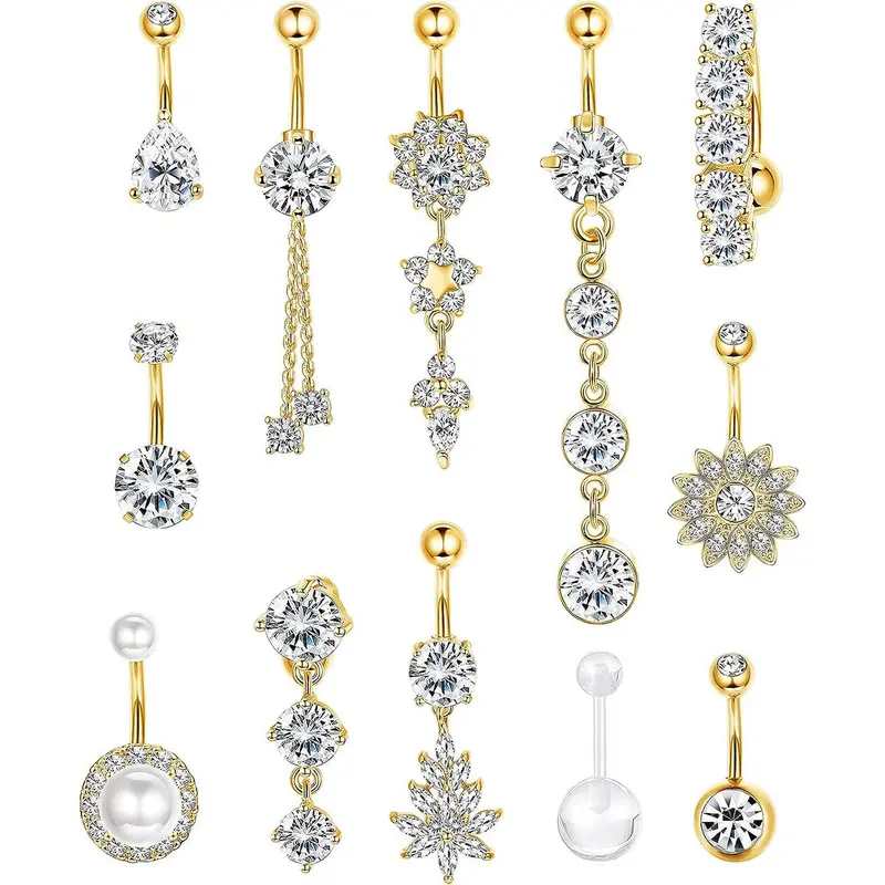 Women's Elegant Rhinestone Decor Belly Button Rings, Trendy Exquisite Belly Piercing Jewelry, Chic Body Jewelry for Party Decor Navel Ring