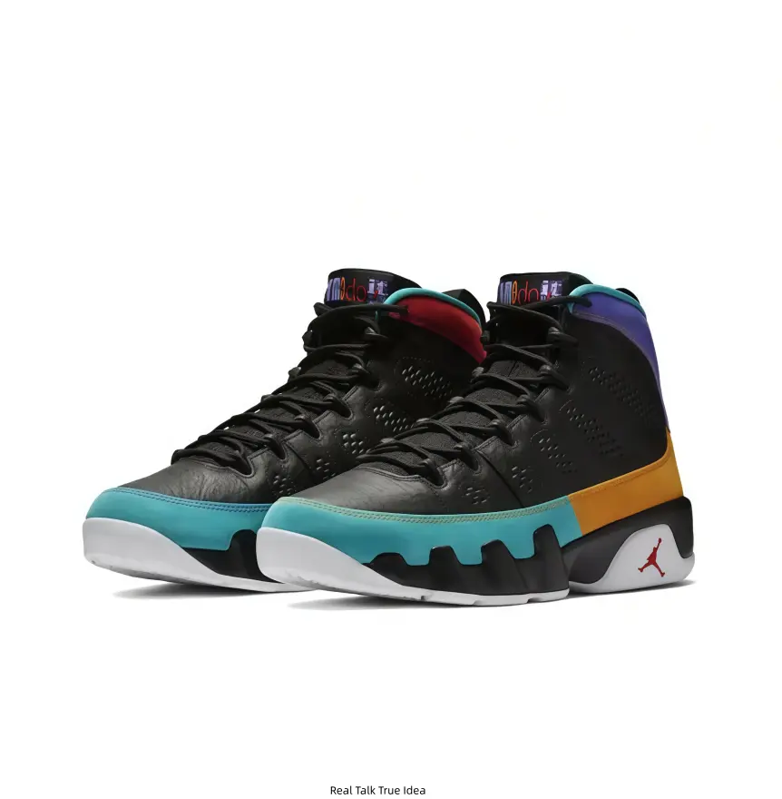 Black Retro High‑Top Basketball Sneakers, Multi‑Color Accents, Turquoise Toe Cap, Yellow‑Purple Heel Overlay, White Midsole, Red Jumpman Logo, Perforated Upper, Vintage Street‑Style Athletic Shoes for Men Women
