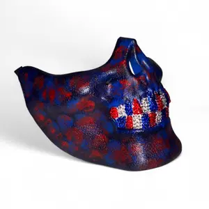 Blue & Red Half Skull Mask With Blinged Out USA Theme Crystal Grillz